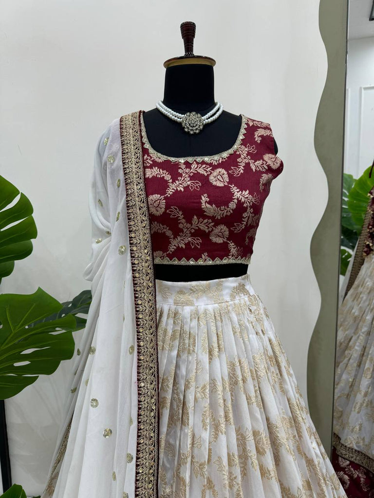 White & Maroon Glamorous Jequrd Semi-Stitched Lehenga Set with Sequins & Coding Work ClothsVilla