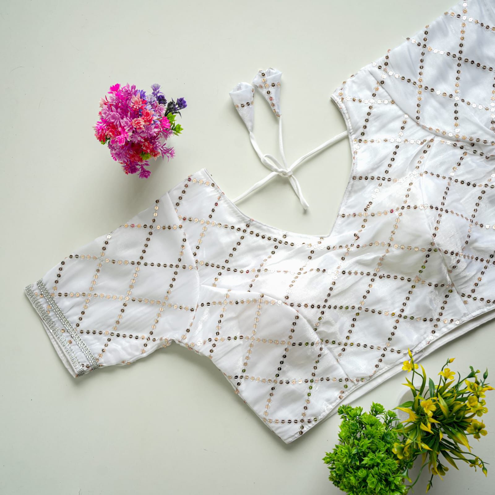White Metalic Jimmy Choo Blouse with Exquisite Sequence Embroidery ClothsVilla Main image
