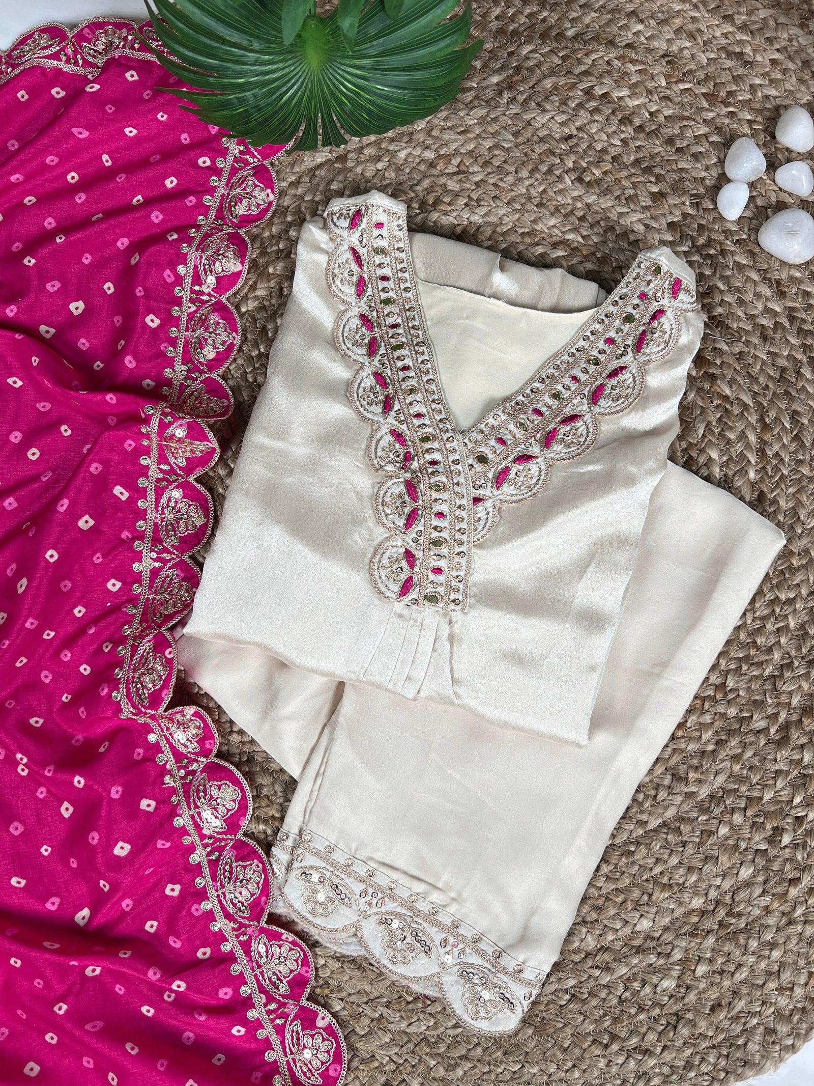 White Moonga Silk Embroidered Co-ord Set with Tasar Silk Badhej Dupatta ClothsVilla