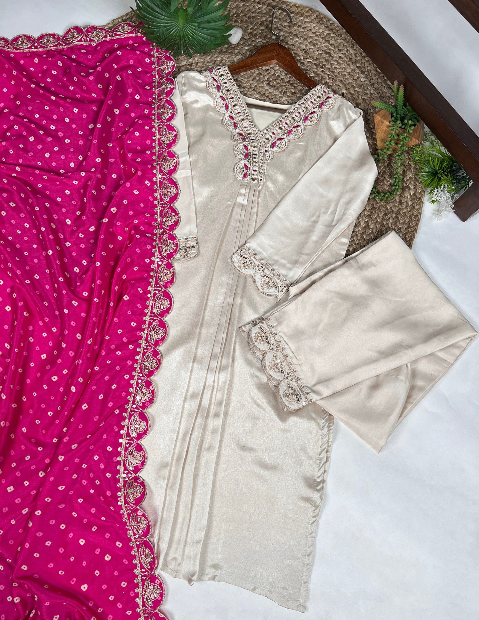 White Moonga Silk Embroidered Co-ord Set with Tasar Silk Badhej Dupatta ClothsVilla
