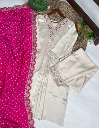 White Moonga Silk Embroidered Co-ord Set with Tasar Silk Badhej Dupatta ClothsVilla
