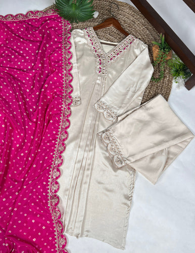 White Moonga Silk Embroidered Co-ord Set with Tasar Silk Badhej Dupatta ClothsVilla
