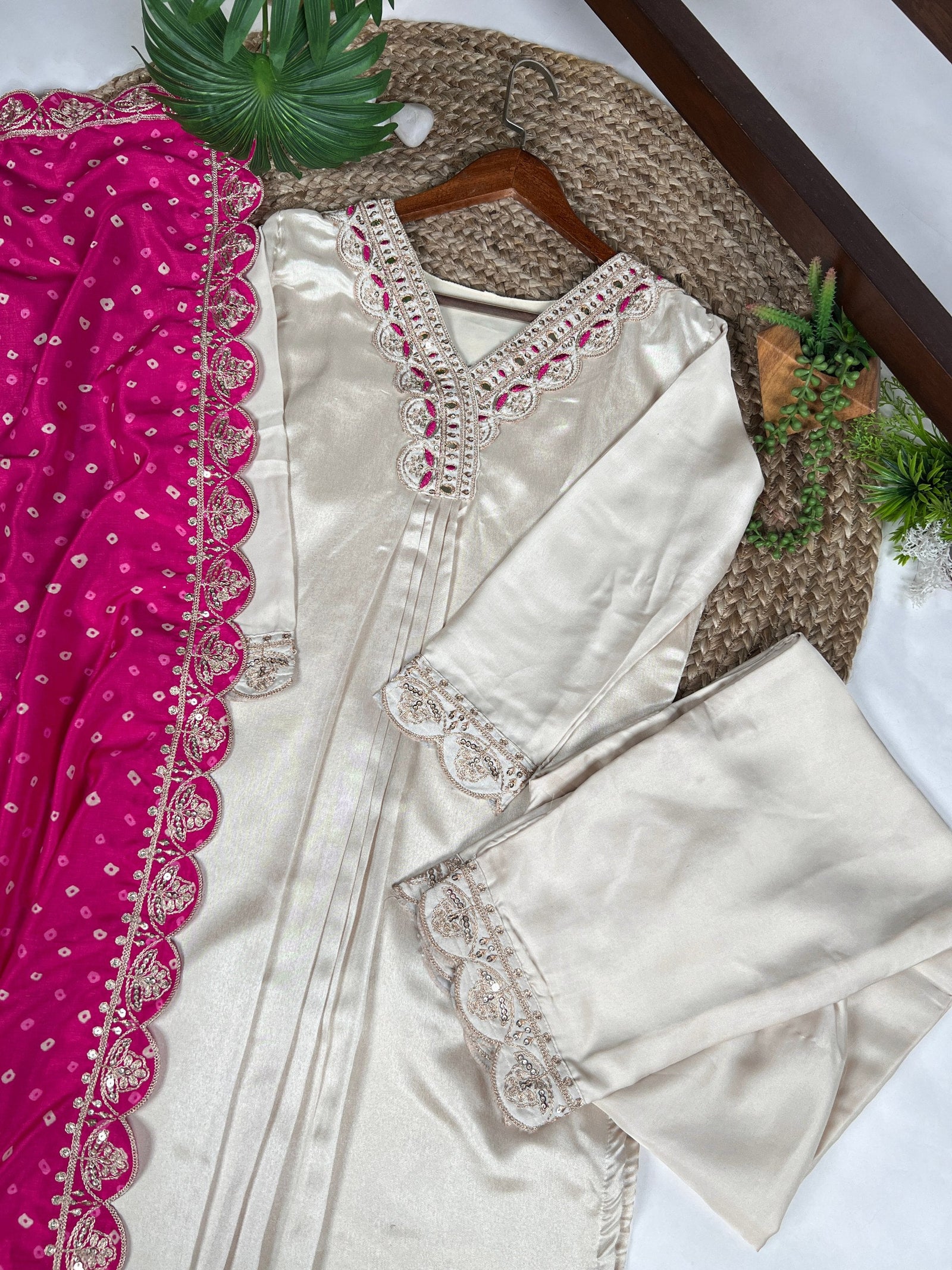 White Moonga Silk Embroidered Co-ord Set with Tasar Silk Badhej Dupatta ClothsVilla