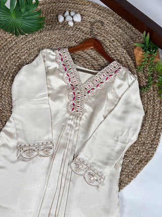 White Moonga Silk Embroidered Co-ord Set with Tasar Silk Badhej Dupatta ClothsVilla