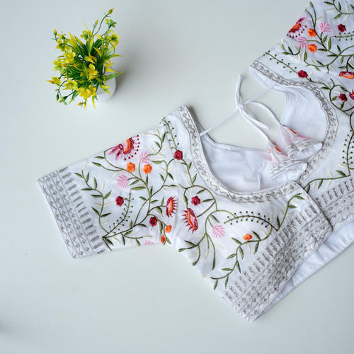 White Multi-Color Embroidered Jimmy Choo Silk Blouse ClothsVilla