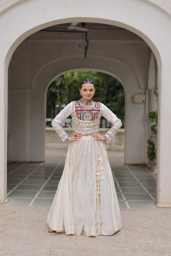 White Navratri Special Roman Fabric Lehenga Choli with Kutchi Gamthi & Mirror Work ClothsVilla