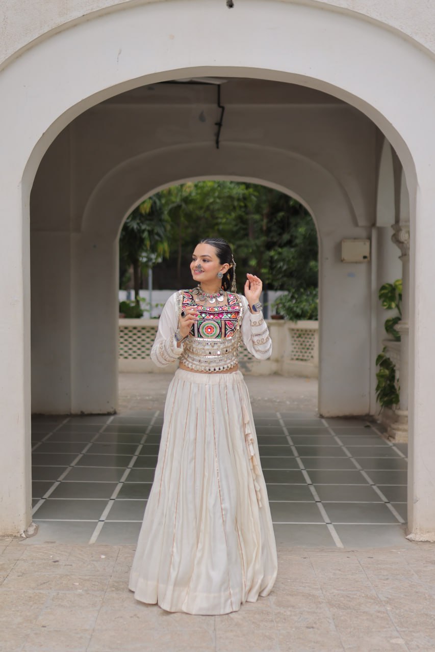 White Navratri Special Roman Fabric Lehenga Choli with Kutchi Gamthi & Mirror Work ClothsVilla