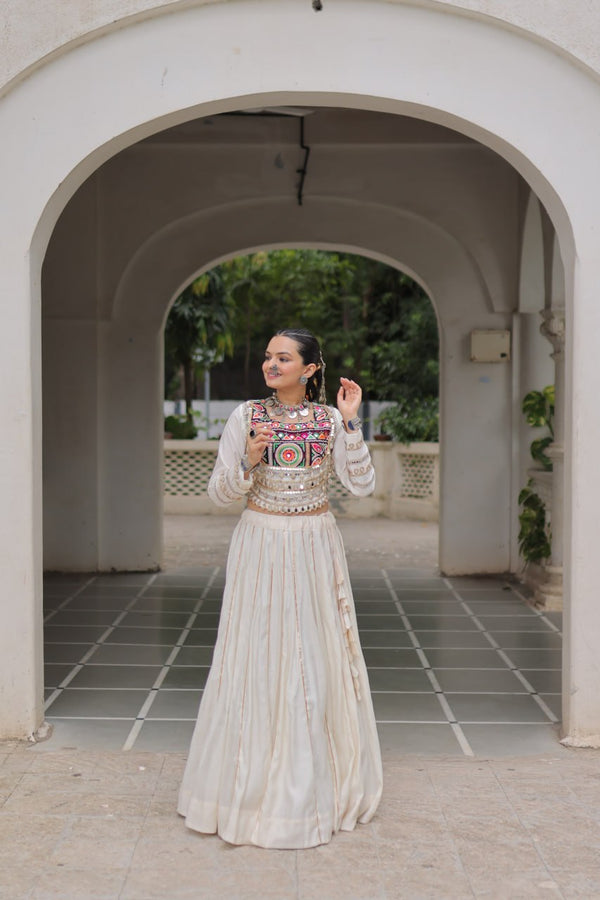 White Navratri Special Roman Fabric Lehenga Choli with Kutchi Gamthi & Mirror Work ClothsVilla