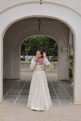 White Navratri Special Roman Fabric Lehenga Choli with Kutchi Gamthi & Mirror Work ClothsVilla