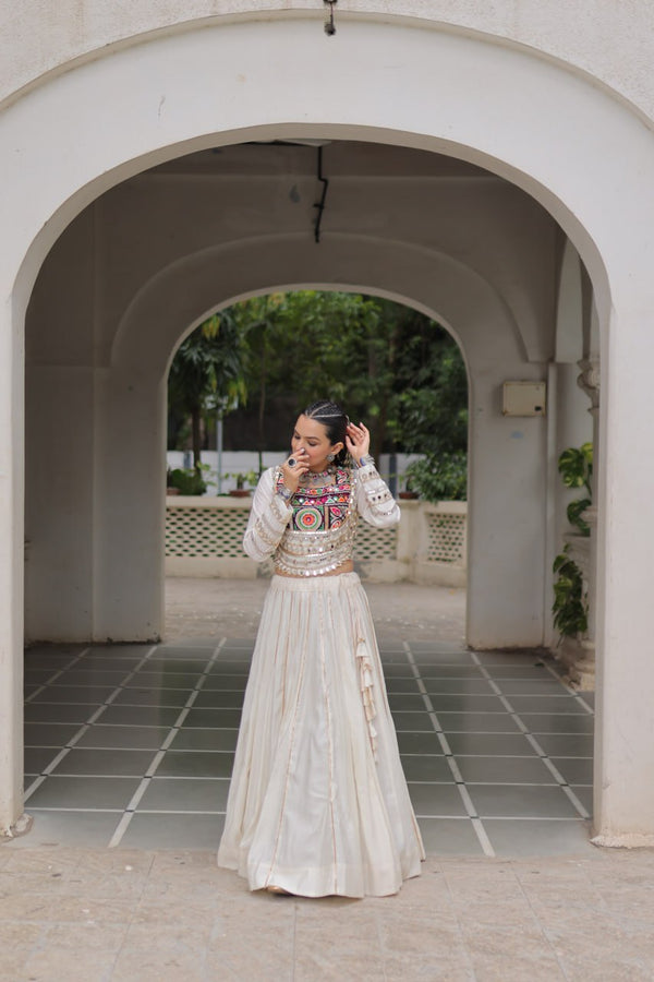 White Navratri Special Roman Fabric Lehenga Choli with Kutchi Gamthi & Mirror Work ClothsVilla