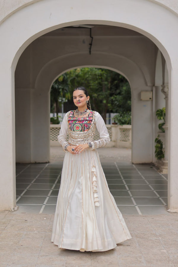 White Navratri Special Roman Fabric Lehenga Choli with Kutchi Gamthi & Mirror Work ClothsVilla