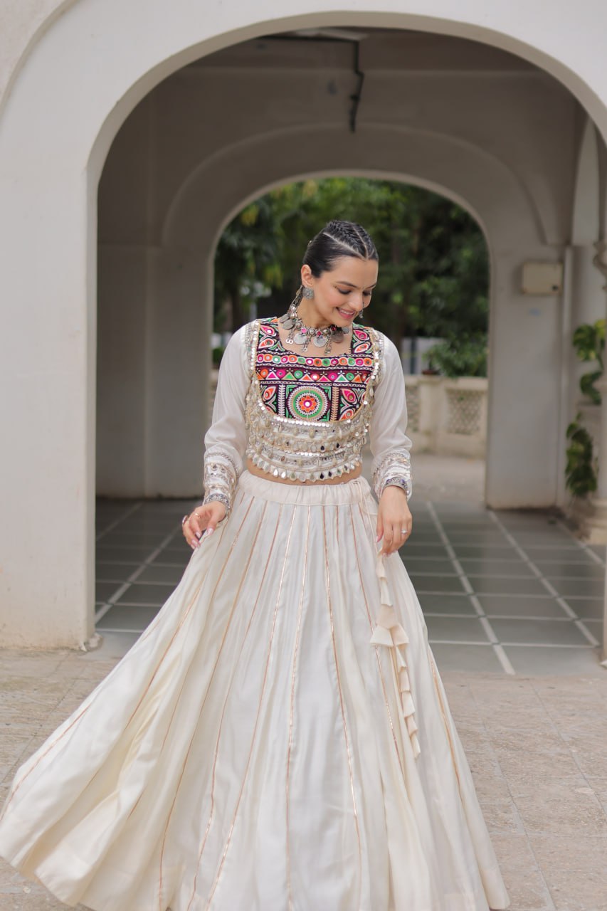 White Navratri Special Roman Fabric Lehenga Choli with Kutchi Gamthi & Mirror Work ClothsVilla