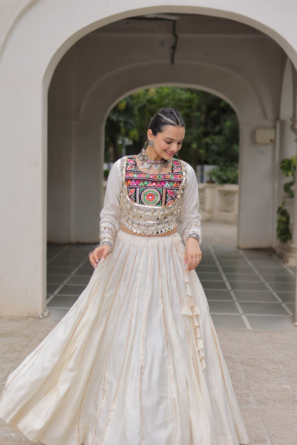 White Navratri Special Roman Fabric Lehenga Choli with Kutchi Gamthi & Mirror Work ClothsVilla