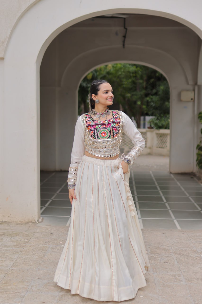 White Navratri Special Roman Fabric Lehenga Choli with Kutchi Gamthi & Mirror Work ClothsVilla