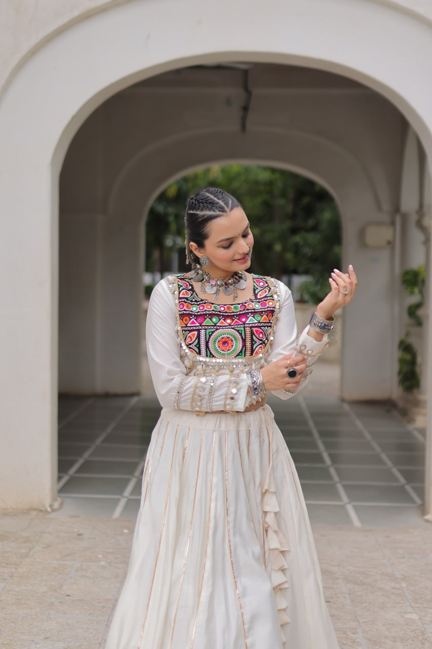 White Navratri Special Roman Fabric Lehenga Choli with Kutchi Gamthi & Mirror Work ClothsVilla