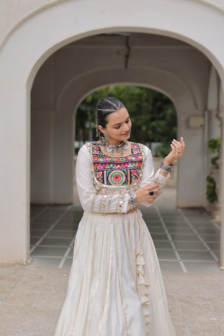 White Navratri Special Roman Fabric Lehenga Choli with Kutchi Gamthi & Mirror Work ClothsVilla