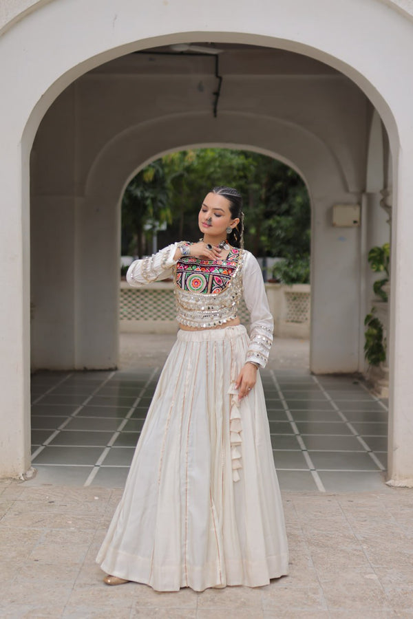 White Navratri Special Roman Fabric Lehenga Choli with Kutchi Gamthi & Mirror Work ClothsVilla