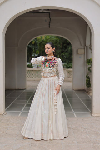 White Navratri Special Roman Fabric Lehenga Choli with Kutchi Gamthi & Mirror Work ClothsVilla