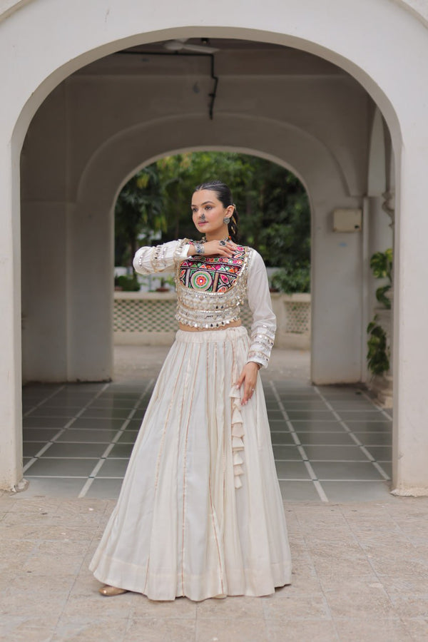 White Navratri Special Roman Fabric Lehenga Choli with Kutchi Gamthi & Mirror Work ClothsVilla