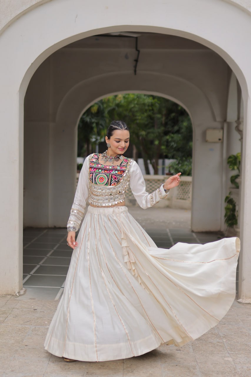 White Navratri Special Roman Fabric Lehenga Choli with Kutchi Gamthi & Mirror Work ClothsVilla