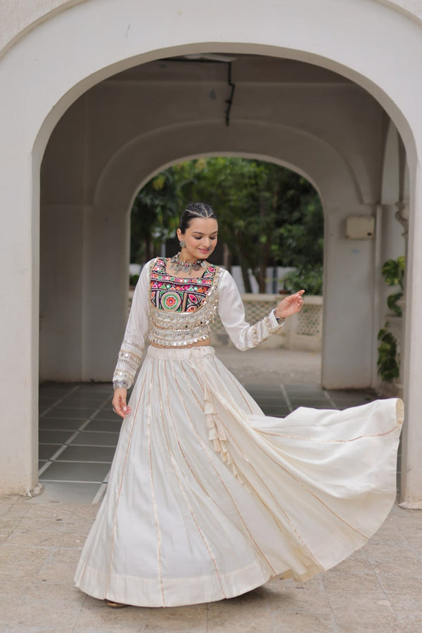 White Navratri Special Roman Fabric Lehenga Choli with Kutchi Gamthi & Mirror Work ClothsVilla