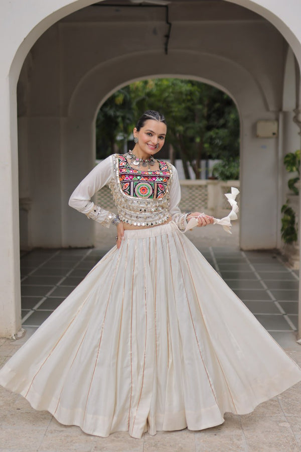 White Navratri Special Roman Fabric Lehenga Choli with Kutchi Gamthi & Mirror Work ClothsVilla