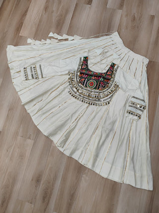 White Navratri Special Roman Fabric Lehenga Choli with Kutchi Gamthi & Mirror Work ClothsVilla