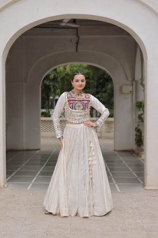 White Navratri Special Roman Fabric Lehenga Choli with Kutchi Gamthi & Mirror Work ClothsVilla