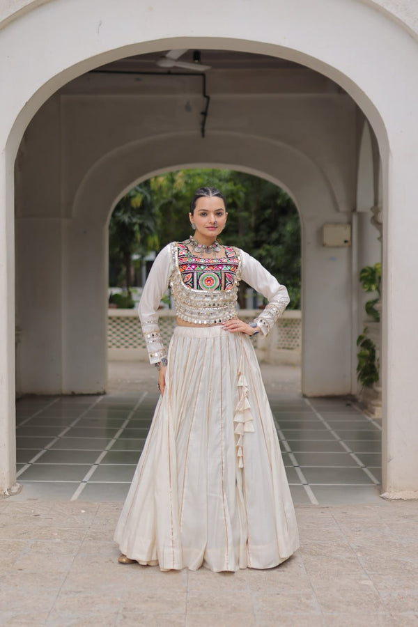 White Navratri Special Roman Fabric Lehenga Choli with Kutchi Gamthi & Mirror Work ClothsVilla