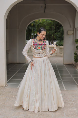 White Navratri Special Roman Fabric Lehenga Choli with Kutchi Gamthi & Mirror Work ClothsVilla