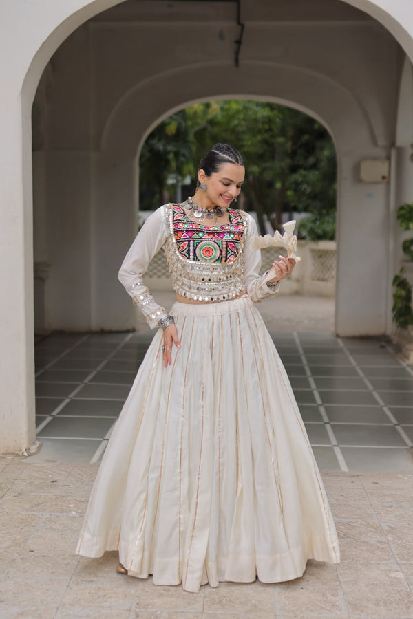 White Navratri Special Roman Fabric Lehenga Choli with Kutchi Gamthi & Mirror Work ClothsVilla