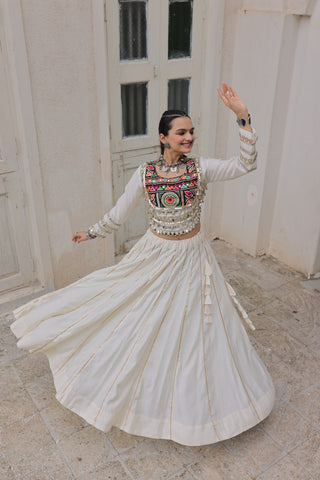White Navratri Special Roman Fabric Lehenga Choli with Kutchi Gamthi & Mirror Work ClothsVilla