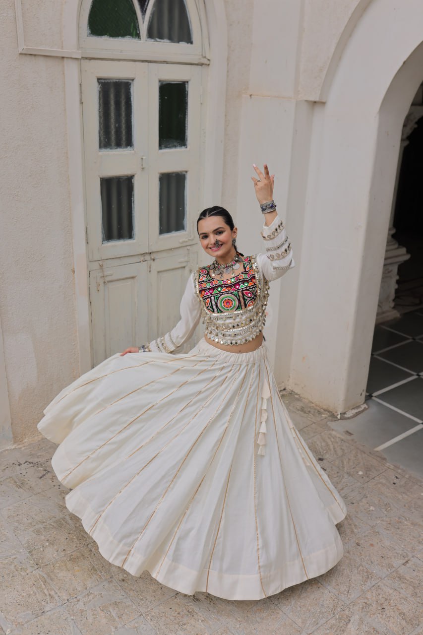 White Navratri Special Roman Fabric Lehenga Choli with Kutchi Gamthi & Mirror Work ClothsVilla