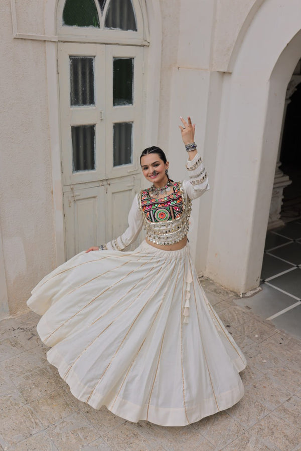 White Navratri Special Roman Fabric Lehenga Choli with Kutchi Gamthi & Mirror Work ClothsVilla