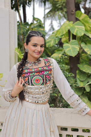 White Navratri Special Roman Fabric Lehenga Choli with Kutchi Gamthi & Mirror Work ClothsVilla