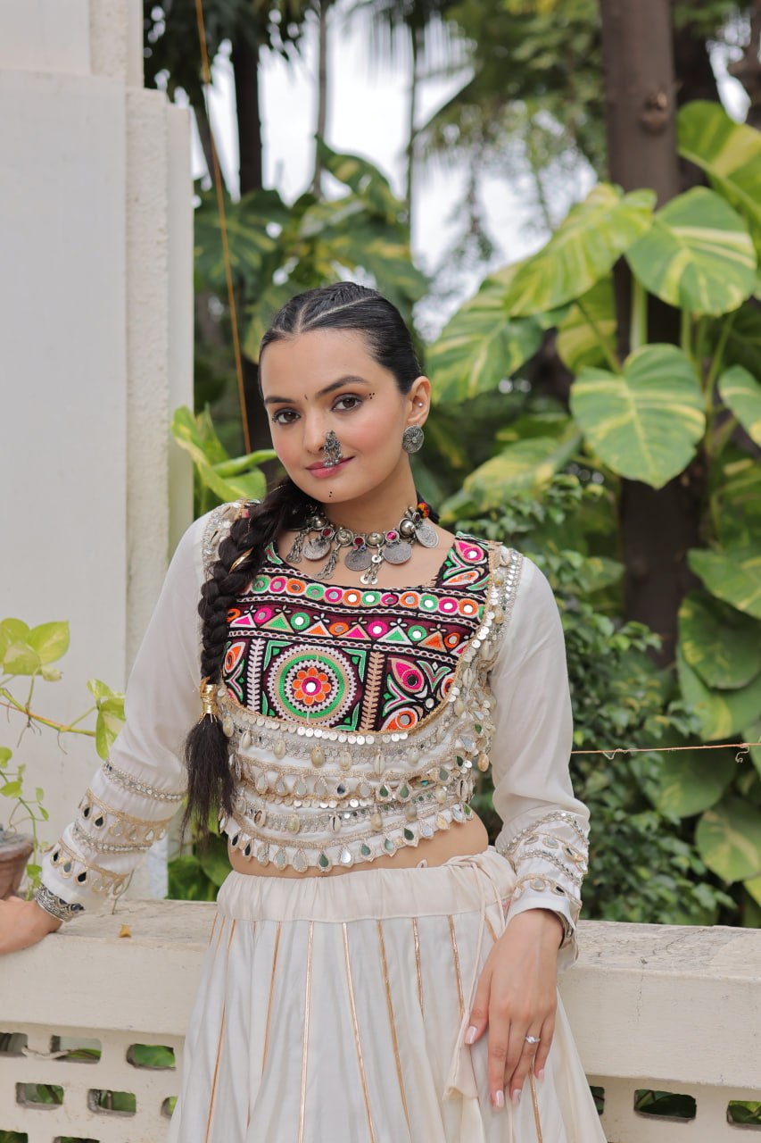 White Navratri Special Roman Fabric Lehenga Choli with Kutchi Gamthi & Mirror Work ClothsVilla