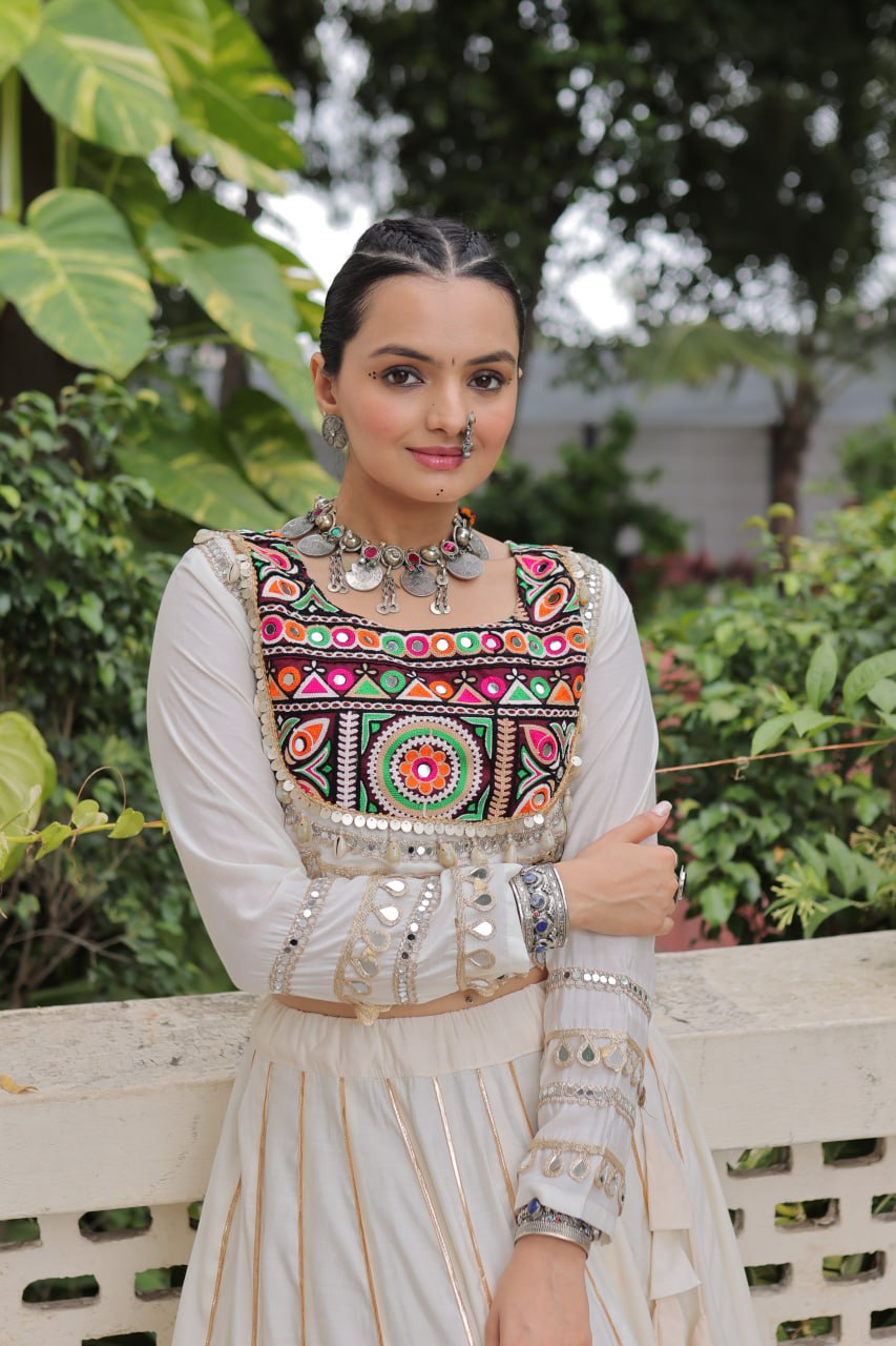 White Navratri Special Roman Fabric Lehenga Choli with Kutchi Gamthi & Mirror Work ClothsVilla