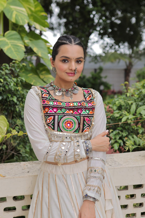 White Navratri Special Roman Fabric Lehenga Choli with Kutchi Gamthi & Mirror Work ClothsVilla