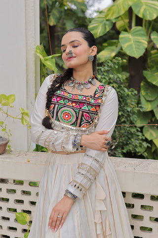 White Navratri Special Roman Fabric Lehenga Choli with Kutchi Gamthi & Mirror Work ClothsVilla