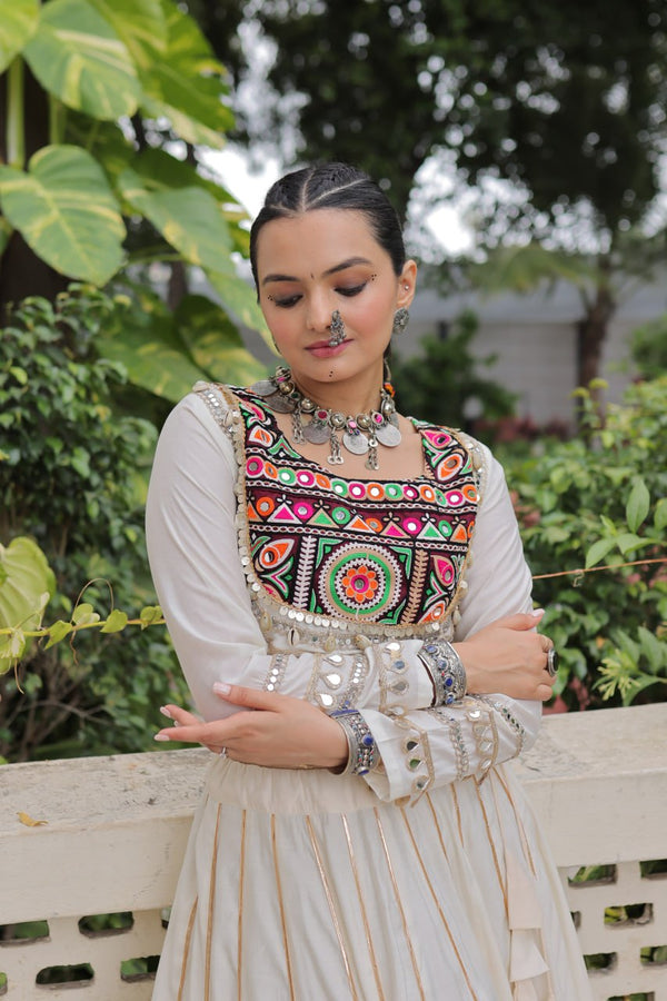 White Navratri Special Roman Fabric Lehenga Choli with Kutchi Gamthi & Mirror Work ClothsVilla