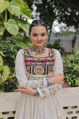 White Navratri Special Roman Fabric Lehenga Choli with Kutchi Gamthi & Mirror Work ClothsVilla