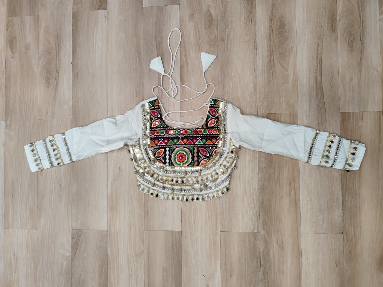 White Navratri Special Roman Fabric Lehenga Choli with Kutchi Gamthi & Mirror Work ClothsVilla