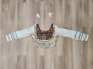 White Navratri Special Roman Fabric Lehenga Choli with Kutchi Gamthi & Mirror Work ClothsVilla