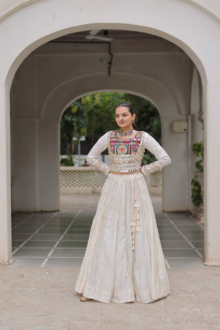White Navratri Special Roman Fabric Lehenga Choli with Kutchi Gamthi & Mirror Work ClothsVilla