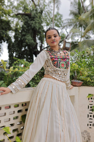 White Navratri Special Roman Fabric Lehenga Choli with Kutchi Gamthi & Mirror Work ClothsVilla