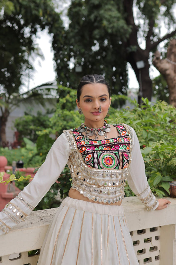 White Navratri Special Roman Fabric Lehenga Choli with Kutchi Gamthi & Mirror Work ClothsVilla