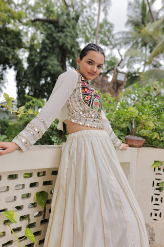White Navratri Special Roman Fabric Lehenga Choli with Kutchi Gamthi & Mirror Work ClothsVilla