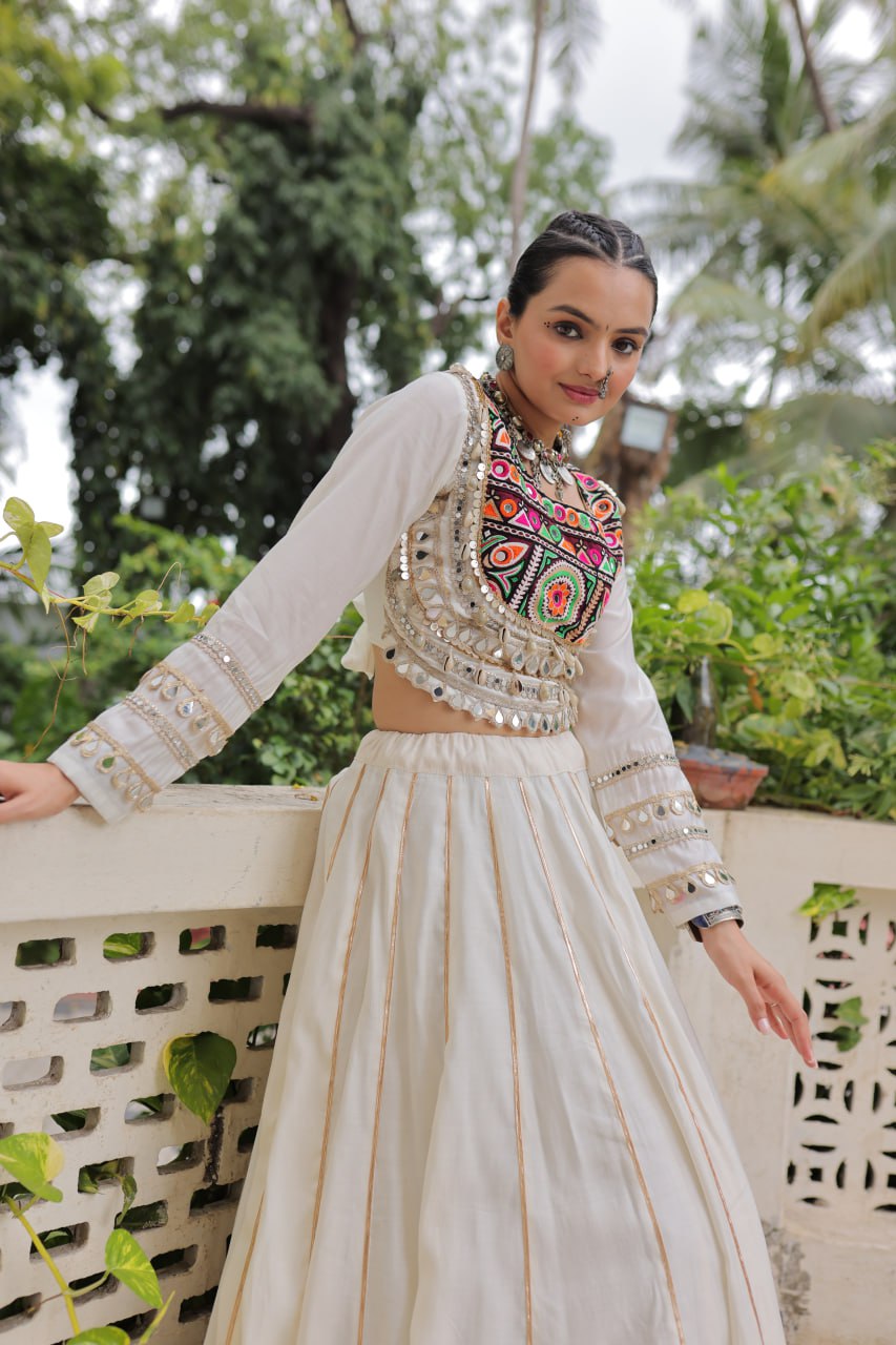 White Navratri Special Roman Fabric Lehenga Choli with Kutchi Gamthi & Mirror Work ClothsVilla