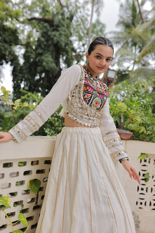 White Navratri Special Roman Fabric Lehenga Choli with Kutchi Gamthi & Mirror Work ClothsVilla
