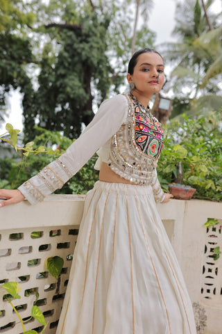 White Navratri Special Roman Fabric Lehenga Choli with Kutchi Gamthi & Mirror Work ClothsVilla